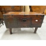 Early 19th cent. Mahogany safe box on turned legs, iron bound and fitted with an early Chubb lock,