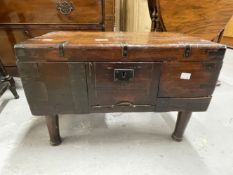 Early 19th cent. Mahogany safe box on turned legs, iron bound and fitted with an early Chubb lock,