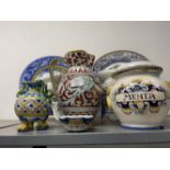 20th cent. Maiolica: Two plates one dated 1556, a continental lustre glazed jug, a pair of white