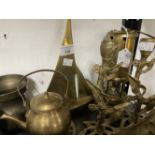 Brassware: Five graduated tankards, horse and carriage figure, two reproduction miners lamps, yacht,