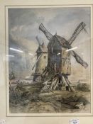 Alfred Vickers (1786 - 1868) Watercolour on paper. Windmills in fenland landscape, signed bottom