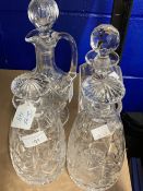 Crystal Glass Decanters: 20th cent. One ewer shaped, a pair with mushroom stoppers, plus one more,