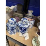 19th cent. Tea canisters, Chinese pewter with decorated side, Dutch polychrome (minus lid), Delft