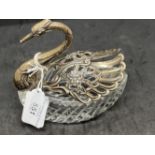 Hallmarked Silver: Silver and cut glass swan dish, import marks, maker, E.L.L.D. c1960s.