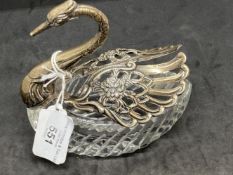 Hallmarked Silver: Silver and cut glass swan dish, import marks, maker, E.L.L.D. c1960s.