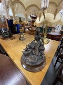 Lighting: Selection of five lamps. Two figural young women with geese, grandfather reading to