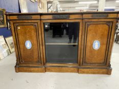 19th cent. Walnut break front credenza attributed to Lamb of Manchester. Cross boarded top over a