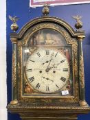 Clocks: 18th cent. D. Collins of Cambridge lacquered longcase clock with arch pediment top flanked