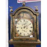 Clocks: 18th cent. D. Collins of Cambridge lacquered longcase clock with arch pediment top flanked