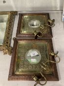 19th cent. Girondole bevel circular mirror, pressed brass organic design, two candle holders held in