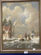 Raymond Campbell 1956: Oil on board stylised "Dutch Winter Scene". 15½ins. x 20ins.