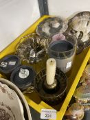 Glass/Platedware: Three silver plate bon bon dishes, tea strainer and sugar nips, miner's lamp style