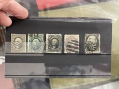 Stamps: 19th cent. USA, stock card containing SG19 12c black, SG39 10c green, SG40 12c black,