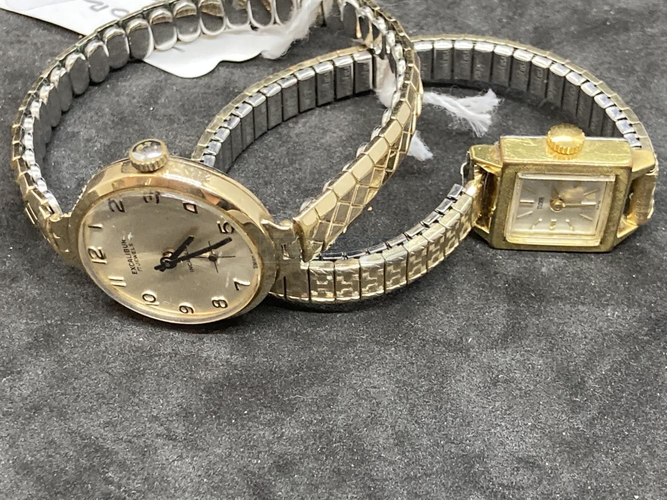 Watches: ladies gold plated Tudor on bracelet, square dial. Plus a ladies Excalibur watch, 9ct