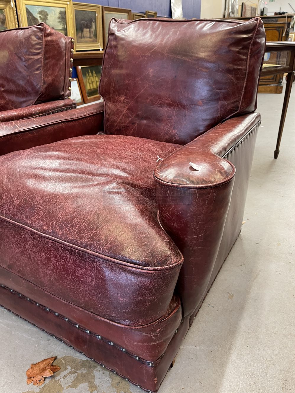 Pre-war red leather club chairs in the style of Howard & Co. Re upholstered in traditional wine - Image 2 of 4