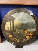 19th cent. Circular black lacquer ground painting of a stylised Neo Classical grand tour ruins.