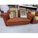 20th cent. Pre-war red upholstered drop end two seater sofa. 65ins.