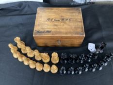 Games: Staunton boxwood and ebony chess set in original J. Jacques mahogany and felt lined box,