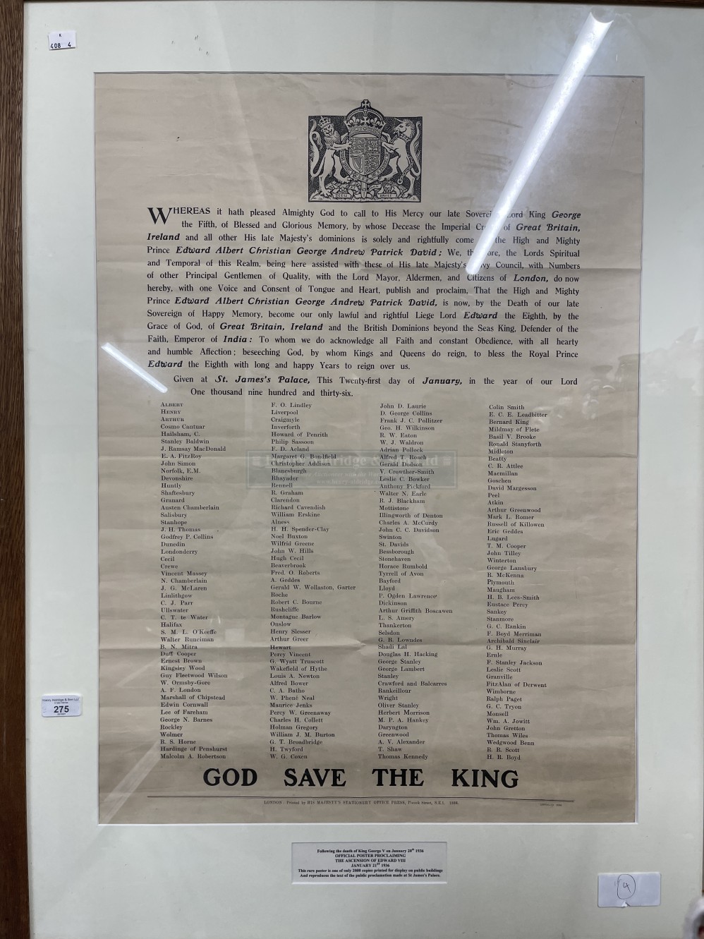 Royalty: A rare Proclamation Poster, upon the death of King George V and the ascension of Edward