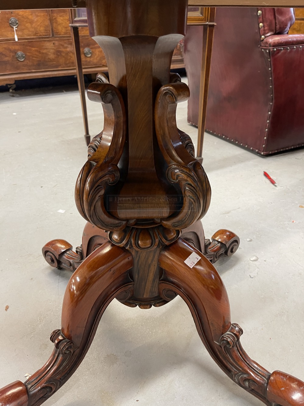 19th cent. Walnut card table, the serpentine shaped fold over swizzle top supported by a shaped - Image 4 of 4