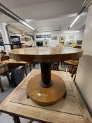 Art Deco circular burr walnut coffee table on single support, with impressed mark 'R' in a