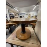 Art Deco circular burr walnut coffee table on single support, with impressed mark 'R' in a