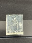 Stamps: Mauritius, 1859, SG32 6d blue, unused, clipped top edge, clean stamp.