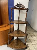 Late 19th cent. Walnut inlaid four tier what not with fretwork top. 49ins.