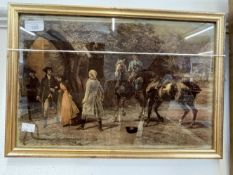 19th cent. Crystoleum study of people and horses, a couple caught eloping, framed. 17ins. x 11ins.