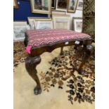 Early 20th cent. Mahogany stool, the shaped top rail above cabriole legs with shell carving and