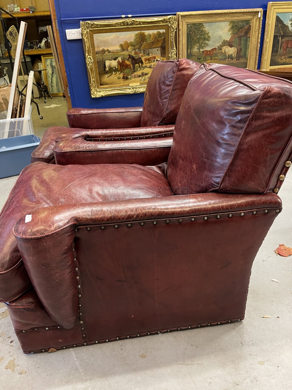 Pre-war red leather club chairs in the style of Howard & Co. Re upholstered in traditional wine - Image 3 of 4