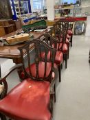 19th cent. Sheraton style mahogany shield back dining chairs, six singles, one carver, on tapered