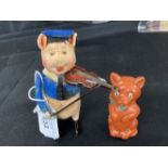 Toys: Schuco felt pig violinist, plus Tudor Rose brown/tan begging cat.