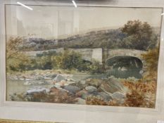 20th cent. British School: Bridge Over River, watercolour on paper, indistinct signature. 19ins. x