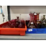 Late 19th/early 20th cent. Glass: Cranberry and ruby, Jack in the pulpit vase, oil jug, creamer,