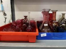 Late 19th/early 20th cent. Glass: Cranberry and ruby, Jack in the pulpit vase, oil jug, creamer,