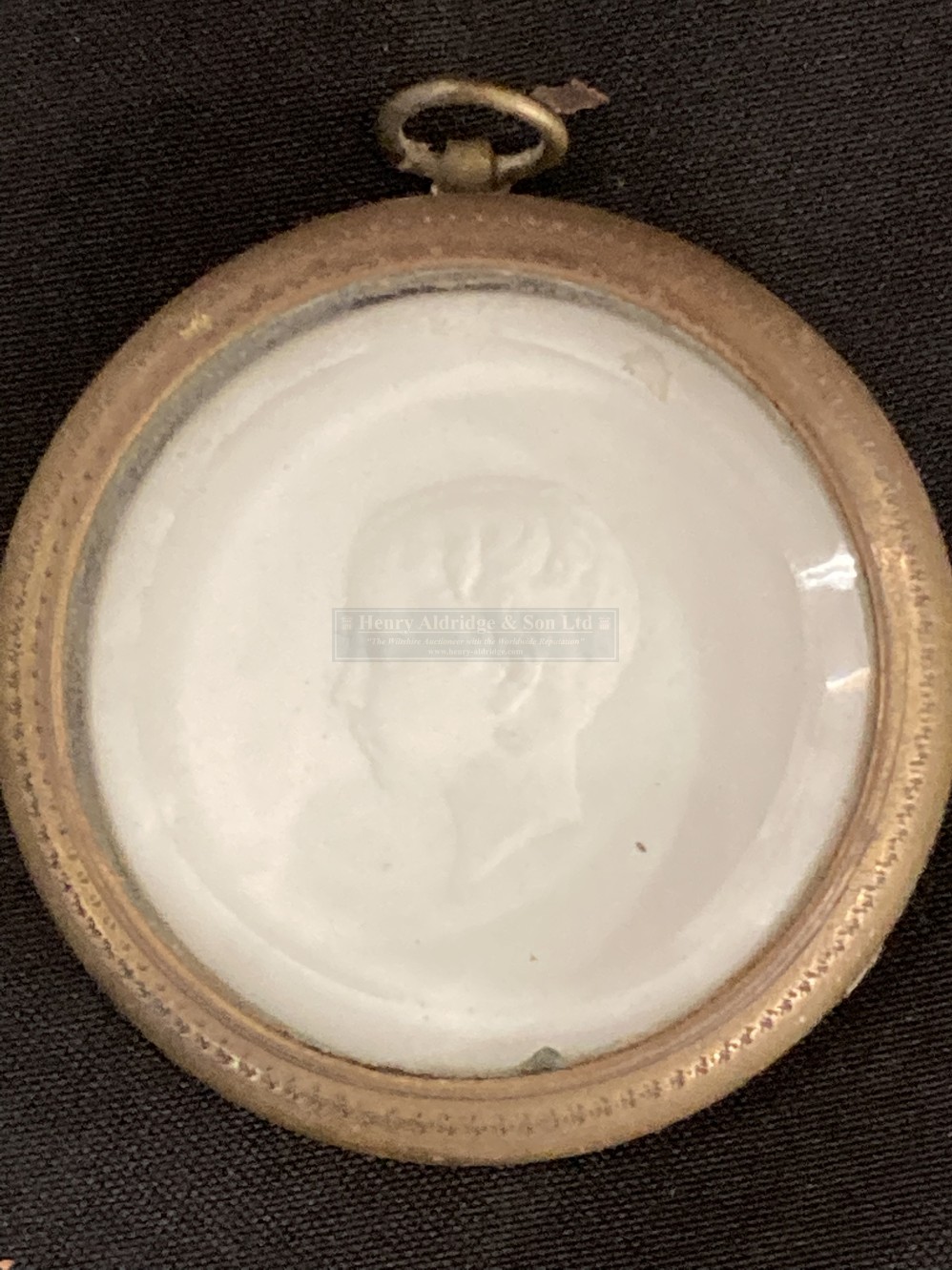 19th cent. Plaster portrait roundels in brass frames, a pair 3ins, a young boy 3ins, and another - Image 4 of 6
