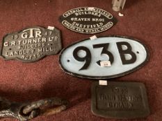 Railwayania: Cast iron plaques to include L.M.S.R train lighting Dynamo. 7½ins. to 14ins. (4)