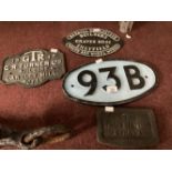 Railwayania: Cast iron plaques to include L.M.S.R train lighting Dynamo. 7½ins. to 14ins. (4)