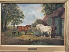 19th cent. English School: Oil on canvas. Horses, a dog and fowl in a farmyard, in the manner of