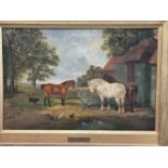 19th cent. English School: Oil on canvas. Horses, a dog and fowl in a farmyard, in the manner of