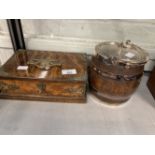 Late 19th cent. Brass bound oak box and oak and silver plated biscuit barrel.