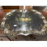 19th cent. Pontypool style papier mache tray with floral and gilt decoration. 31ins.