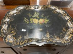 19th cent. Pontypool style papier mache tray with floral and gilt decoration. 31ins.