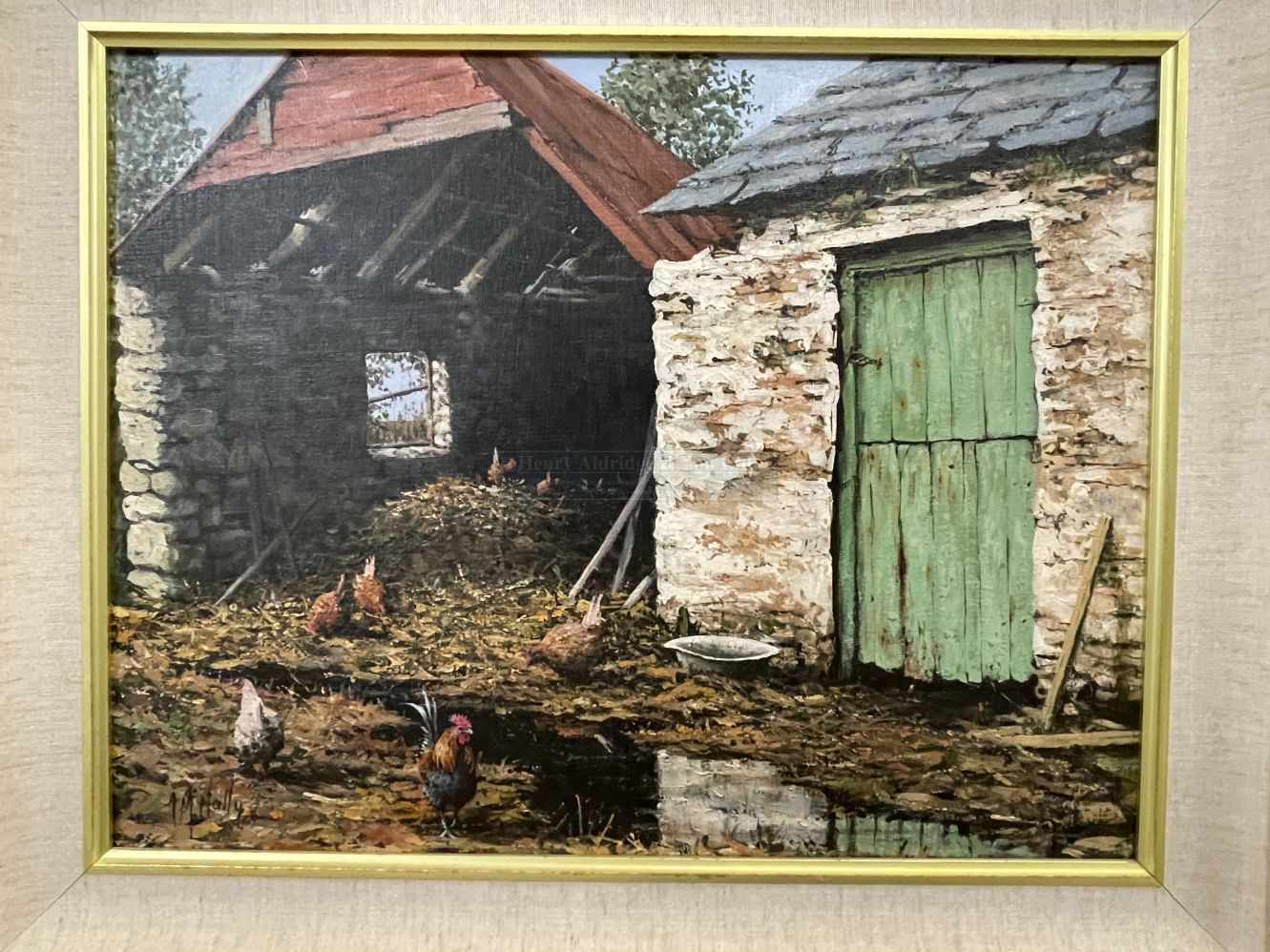 20th cent. A. McNally oil on board "Farmyard Study" with hens, signed lower left, framed. 18ins. x