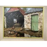 20th cent. A. McNally oil on board "Farmyard Study" with hens, signed lower left, framed. 18ins. x