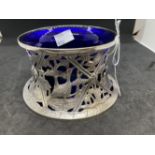 Hallmarked Irish Silver: Dish warmer with blue glass liner, the silver frame is pierced with country
