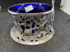 Hallmarked Irish Silver: Dish warmer with blue glass liner, the silver frame is pierced with country