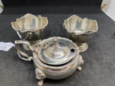 Hallmarked Silver: Mustard pot with hinged cover and blue glass liner. Hallmarked London 1921, and a