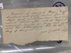Slavery/USA: A hand-written receipt for girl and child in full "Received of Zedekiah Pepper eight